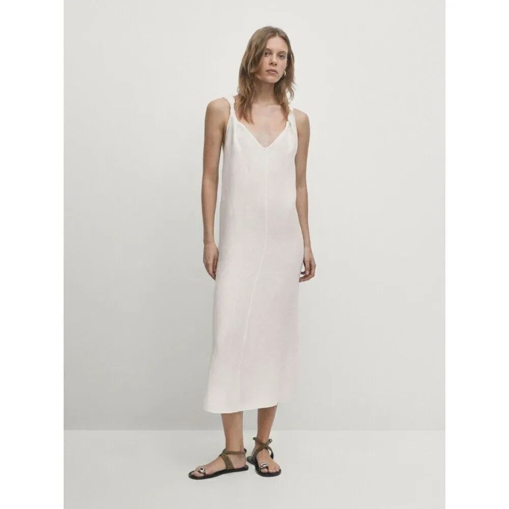 Massimo Dutti Womens Midi Dress M White Linen With Strap Details 6609/609 NWT